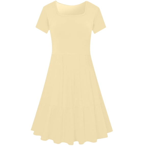 Guieoi Tiered Ruffle Dress Mini Tunic Dress Square-Neck Short-Sleeve with Pockets (Pockets Included) Flowy Babydoll Dress Sundress Beige XXXXL