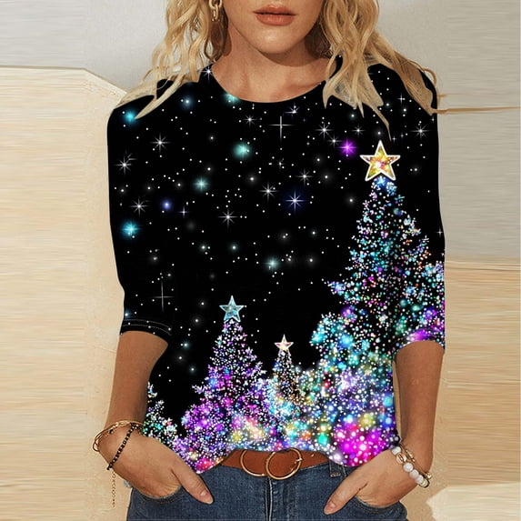 Guieoi Tops for Women Plus Size 2025 Trendy Womens Casual Printed Round Neck 3/4 Sleeve T-shirt 2025 Trendy Blouse Tops Purple Black*Friday/Cyber*Monday