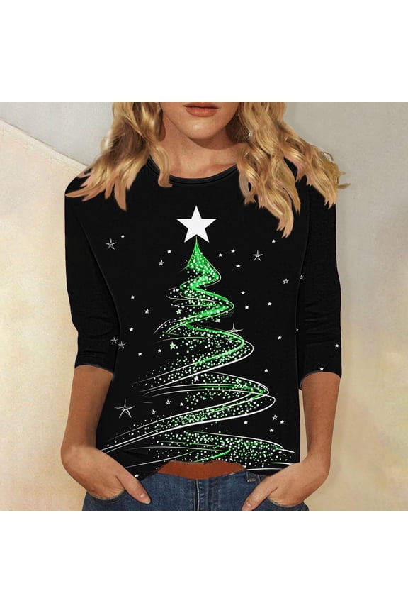 Tops for Women Plus Size Ladies' Casual Christmas Printed Round-neck Three-quarter Sleeve T-shirt Loose Top Black Black*Friday/Cyber*Monday