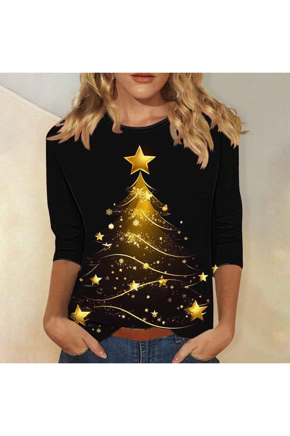 Tops for Women Plus Size Ladies' Casual Christmas Printed Round-neck Three-quarter Sleeve T-shirt Loose Top Black Black*Friday/Cyber*Monday