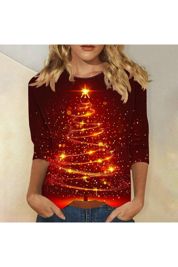 Tops for Women Plus Size Ladies' Casual Christmas Printed Round-neck Three-quarter Sleeve T-shirt Loose Top Red Black*Friday/Cyber*Monday