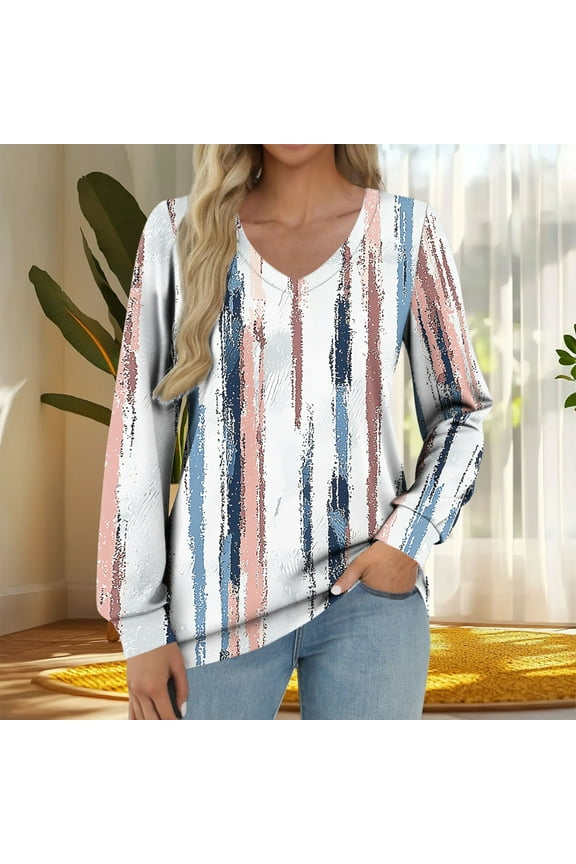 Tops for Women Plus Size Womens 2025 Trendy Printed T-shirt Long Sleeves V-Neck Comfortable And Casual Loose Top White Black*Friday/Cyber*Monday