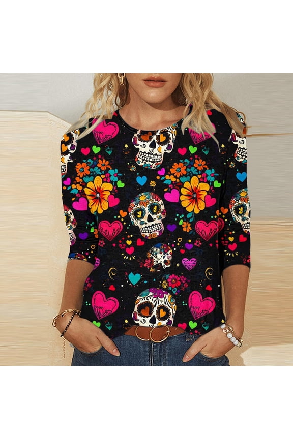Tops for Women Plus Size Womens Printed Round Neck Three Quarter Sleeve 3/4 Sleeve T-shirt Loose Top Long Sleeved Round Neck Top/shirt Multicolor Black*Friday/Cyber*Monday