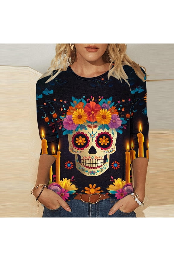 Tops for Women Plus Size Womens Printed Round Neck Three Quarter Sleeve 3/4 Sleeve T-shirt Loose Top Long Sleeved Round Neck Top/shirt Multicolor Black*Friday/Cyber*Monday