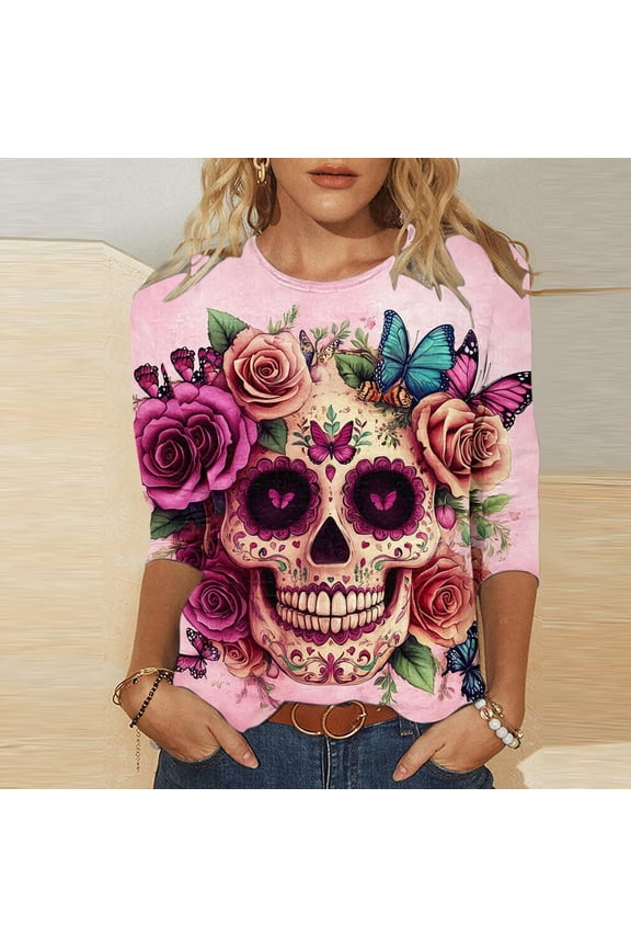 Tops for Women Plus Size Womens Printed Round Neck Three Quarter Sleeve 3/4 Sleeve T-shirt Loose Top Long Sleeved Round Neck Top/shirt Multicolor Black*Friday/Cyber*Monday