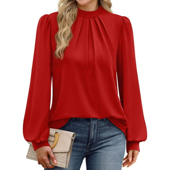 Guieoi Tops for Women Plus Size Women Long Sleeve Shirt Small Stand Collar Pleated Front Tee Top Red Black*Friday/Cyber*Monday