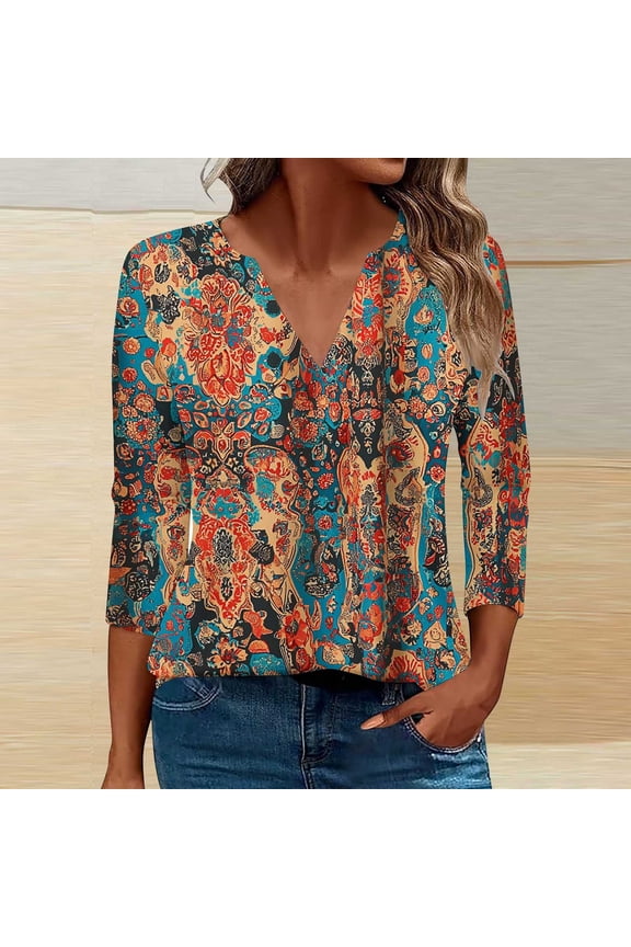 Tops for Women Plus Size Womens 2025 Trendy Printed T-shirt 3/4 Sleeves Blouse V-Neck Casual Tops Brown Black*Friday/Cyber*Monday