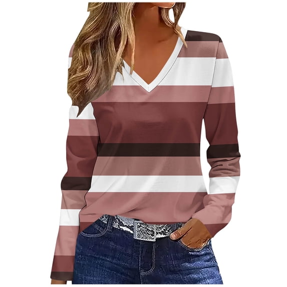 Guieoi Tops for Women Plus Size Womens 2026 Trendy Printing Casual V-neck Long Sleeve Loose T-shirt Top Pink