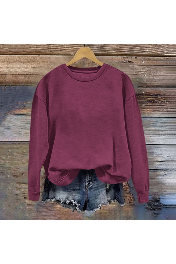 Tops for Women Plus Size Womens Round Neck Solid Color Loose Fitting Long Sleeve Hoodless Sweatshirts Red Black*Friday/Cyber*Monday