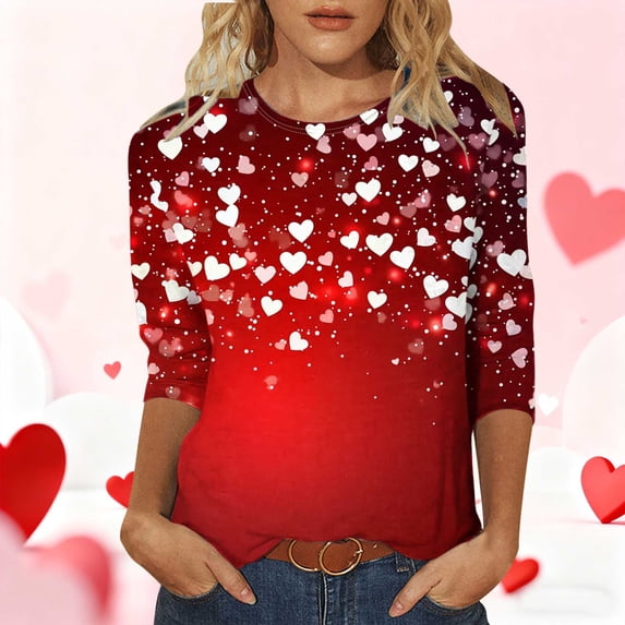 Guieoi Valentine's Day 3/4 Sleeve Round Neck Shirts Women Casual Cute Heart Print Tee Plus Size Pullover Tops Red XL
