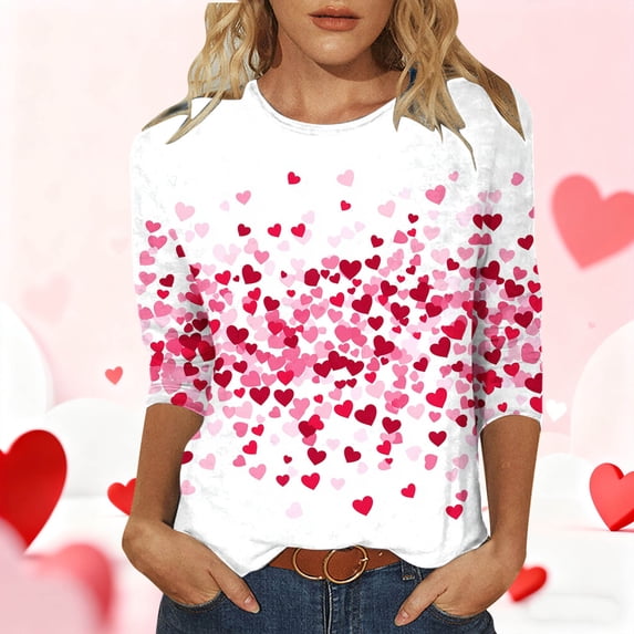 Guieoi Valentine's Day 3/4 Sleeve Round Neck Shirts Women Casual Cute Heart Print Tee Plus Size Pullover Tops White M