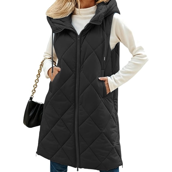 Guieoi Winter Jacket for Women Casual Long-Sleeve Vest Padded with Stand-Up Collar Hood and Pockets Coats Black L