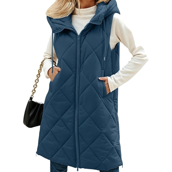 Guieoi Winter Jacket for Women Casual Long-Sleeve Vest Padded with Stand-Up Collar Hood and Pockets Coats Blue XL