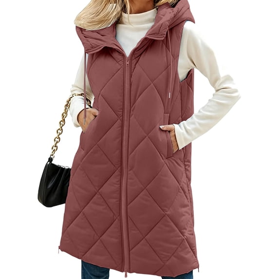 Guieoi Winter Jacket for Women Casual Long-Sleeve Vest Padded with Stand-Up Collar Hood and Pockets Coats Wine L