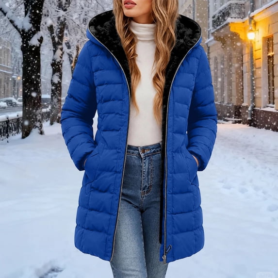 Guieoi Winter Jacket for Women Mid-Length Long-Sleeve Hooded Fleece-Lined Padded with Zipper Coats Blue XL