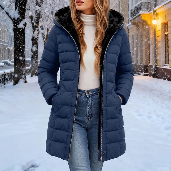 Guieoi Winter Jacket for Women Mid-Length Long-Sleeve Hooded Fleece-Lined Padded with Zipper Coats Dark Blue XXL