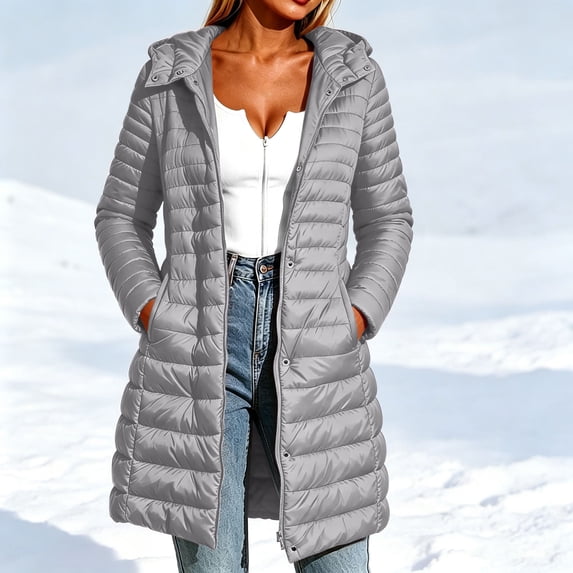 Guieoi Winter Jacket for Women Top Long-Sleeve Hooded with Pockets Zipper and Buttons Mid-Length Top Coats Gray M