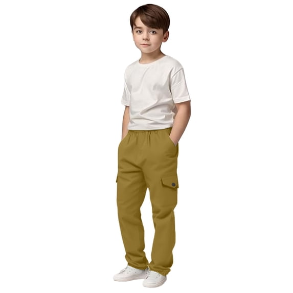 Guieoi Winter Warm Pants Plus Size Boys and Childrens Sports Cargo Pants Stretch Elastic Waist School Kids Twill Joggers for 4-13Years Brown
