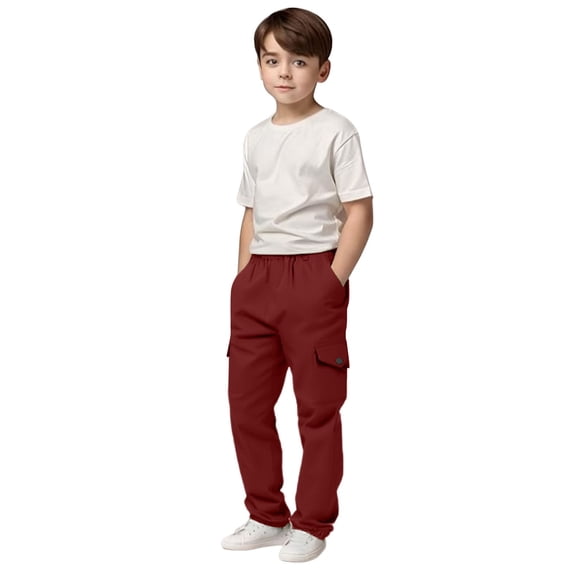 Guieoi Winter Warm Pants Plus Size Boys and Childrens Sports Cargo Pants Stretch Elastic Waist School Kids Twill Joggers for 4-13Years Red