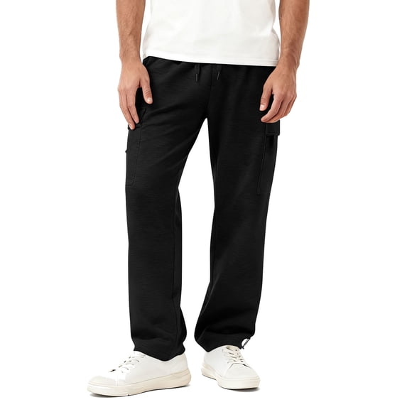 Guieoi Winter Warm Pants Plus Size Men's Casual Sport Pocket Drawstring Solid Color Elastic Waist Jogger Pants Black