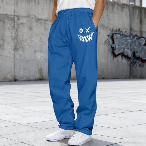 Guieoi Winter Warm Pants Plus Size Men's Fashion Drawstring Elastic Waist Solid Color Casual Sweat Length Pants Blue