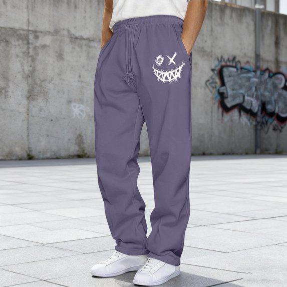 Guieoi Winter Warm Pants Plus Size Men's Fashion Drawstring Elastic Waist Solid Color Casual Sweat Length Pants Purple