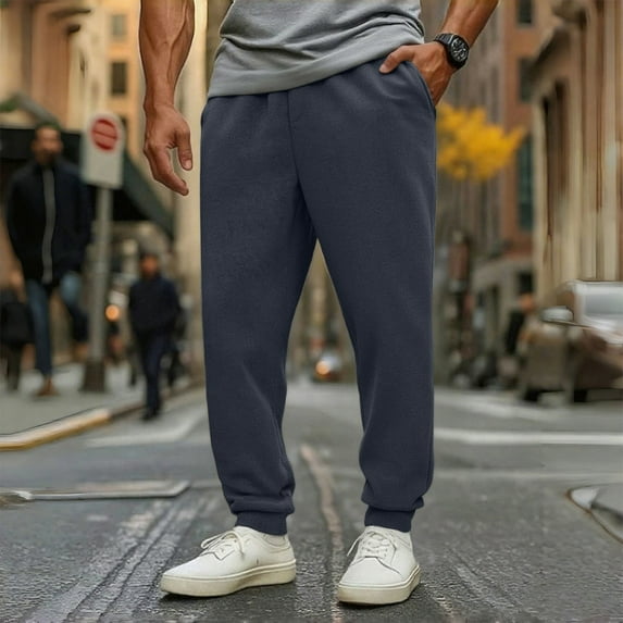 Guieoi Winter Warm Pants Plus Size Men's Solid Color Drawstring Elastic Waist Straight Leg Pants Blue