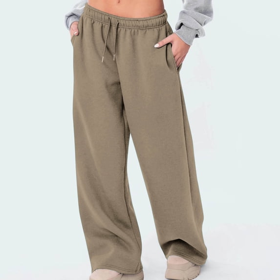 Guieoi Winter Warm Pants Plus Size Women's Baggy Pants Elastic Lace-Up Casual Solid Color High-Waisted Wide-Leg Yoga Pants Brown