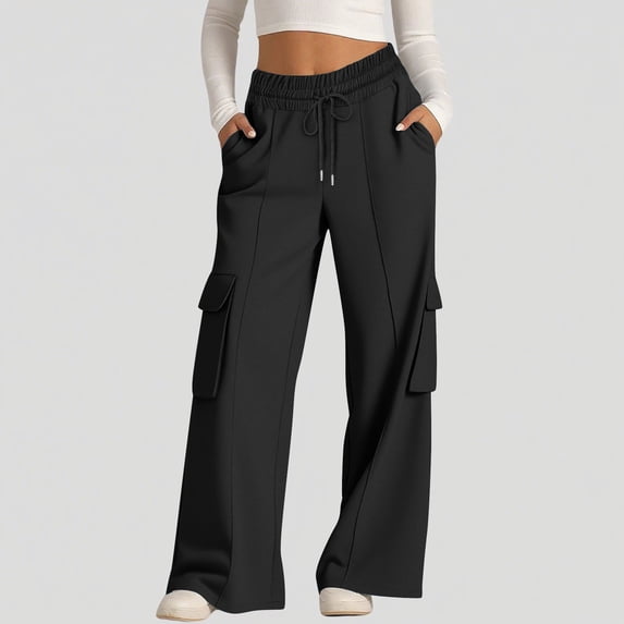 Guieoi Winter Warm Pants Plus Size Women's Cargo Sweatpants Drawstring Wide Legs Pants Casual Baggy Pant with Multi Pockets Black
