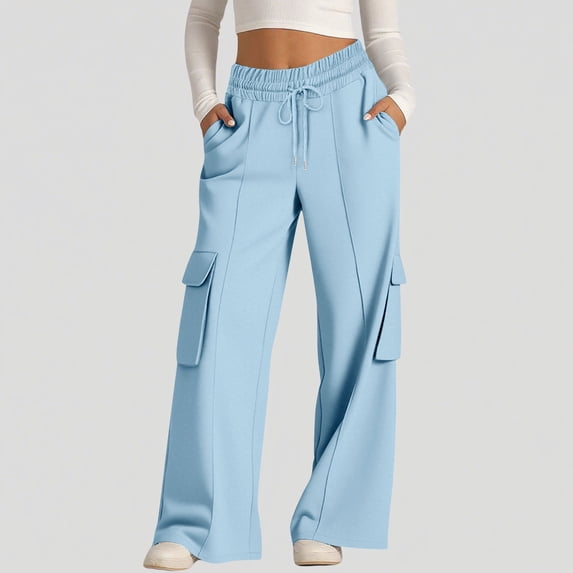 Guieoi Winter Warm Pants Plus Size Women's Cargo Sweatpants Drawstring Wide Legs Pants Casual Baggy Pant with Multi Pockets Blue