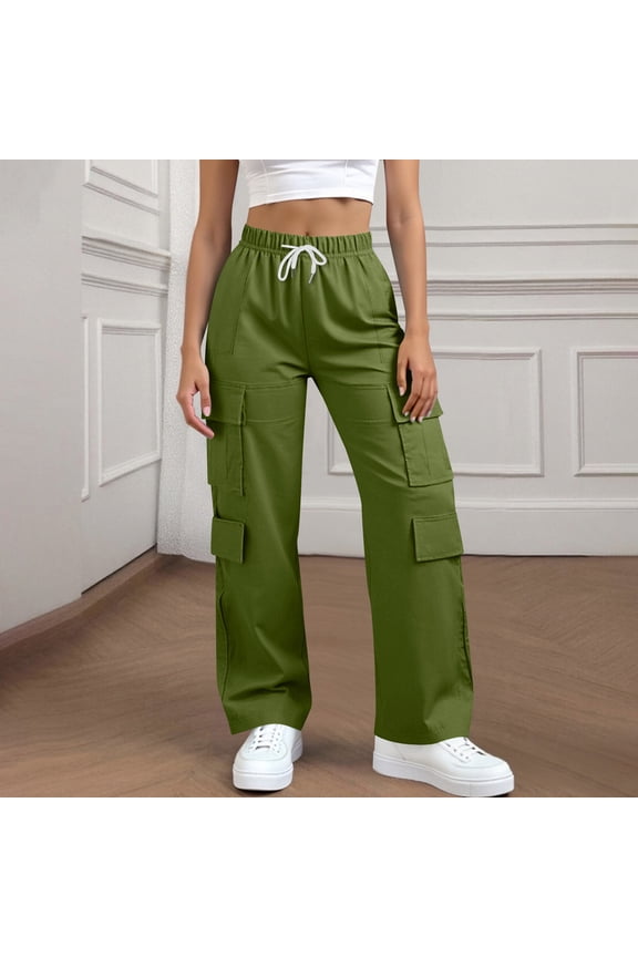 Winter Warm Pants Plus Size Women's Solid Color Cargo Casual Straight-Button Pocket Work Pants Green