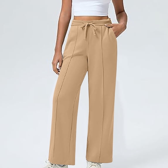 Guieoi Winter Warm Pants Plus Size Women's Wide Leg Sport Casual Loose High Waisted Drawstring Pants with Pockets Brown