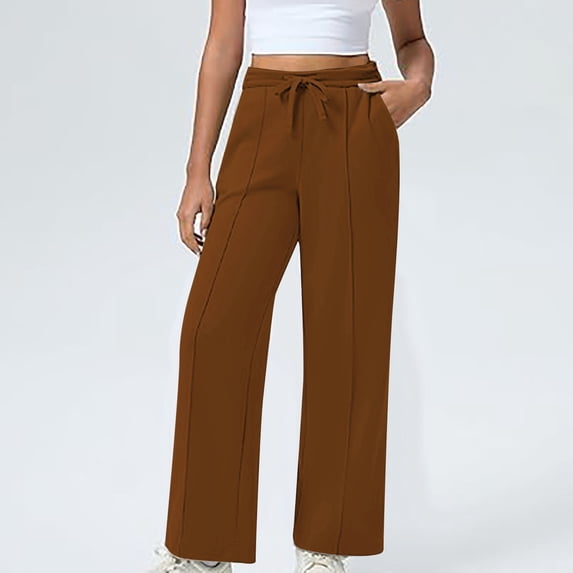 Guieoi Winter Warm Pants Plus Size Women's Wide Leg Sport Casual Loose High Waisted Drawstring Pants with Pockets Brown