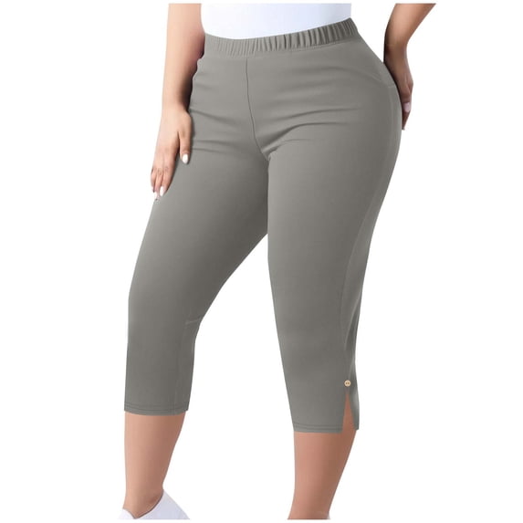 Guieoi Women Leggings under $5 Fashion Women's Plus Size Yoga Pants Capris Solid Color Elastic Waist Gray L