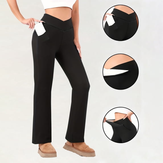 Guieoi Women Leggings under $5 Women Fashionable Casual Solid Color Composite Velvet Leggings High Waist Waist Straight Leg Pants Black XL