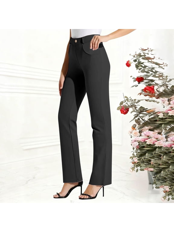 Women Leggings under $5 Women's Solid Color Elastic Waist Work Office Straight Button Casual Yoga Elastic Pants Black XXL