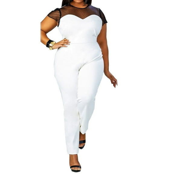 Guieoi Women Pants Women's Pants Women's Plus Size Mesh Sexy Stitching Fashion Short-Sleeved Round Neck Jumpsuit