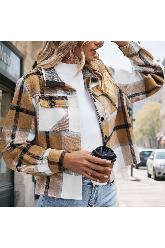 Women Trendy Fall Plaid Jackets Casual Loose Checkered Long Sleeved Short Length Double Pocket Lapel Jacket Top with Pockets Brown Black*Friday/Cyber*Monday Clearance