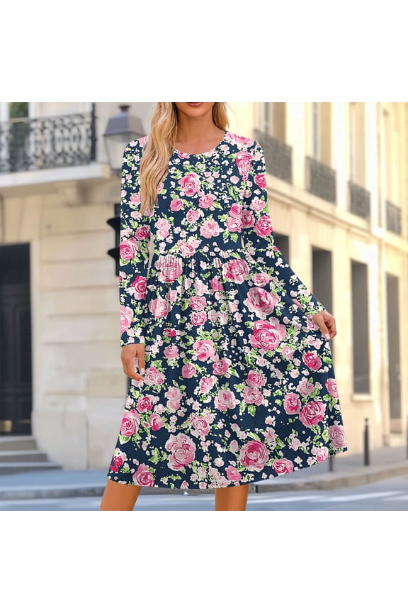 Women's Casual Long-Sleeve Round Neckline Midi Loose-Fit Dress Fall with Pockets Pink XXL