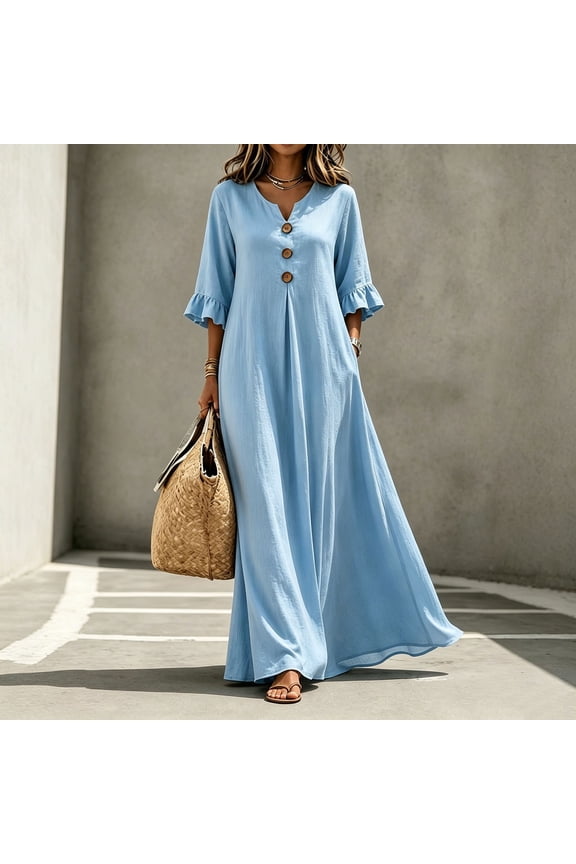 Women's Casual Resort-Style Solid-Color Ruffled-Sleeve V-Neck Button-Down Loose and Flowy Full-Skirted Dress Blue S