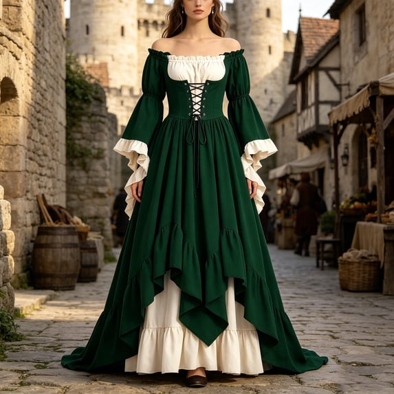 Guieoi Women's Courtly Gothic Puff-Sleeve Corset Dress Waist Cinching Dress Green M