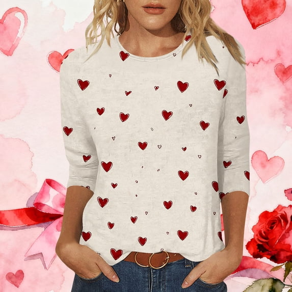 Guieoi Women's Cute T Shirt Heart Bow Knot Long Sleeve Tops for Valentines Day Trendy Basic Tees Tunic Top Beige S
