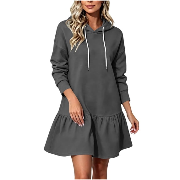 Guieoi Women's Fall/Winter Long-Sleeve Sweatshirt Dress with Light Fleece Lining and Lace Hem Gray XL