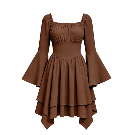 Guieoi Women's Medieval/Renaissance Court-Style Batwing-Sleeve Off-the-Shoulder Ruffled Hem Dresses Brown M