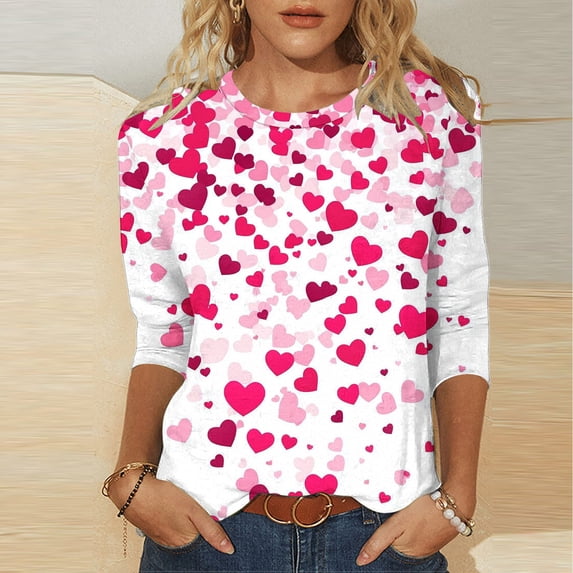 Guieoi Women's Plus Size Tops,Fashion Women Valentine's Day Print Long Sleeve 3/4 Sleeve Pullover Novelty Graphic Tops Pink L