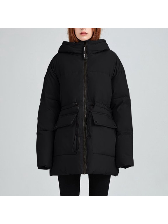 Women's Puffer Jacket Long Plus Size Hooded Solid Color Long Sleeve Casual Thickened Winter Fleece Warm Jacket Coats Black Black*Friday/Cyber*Monday Clearance