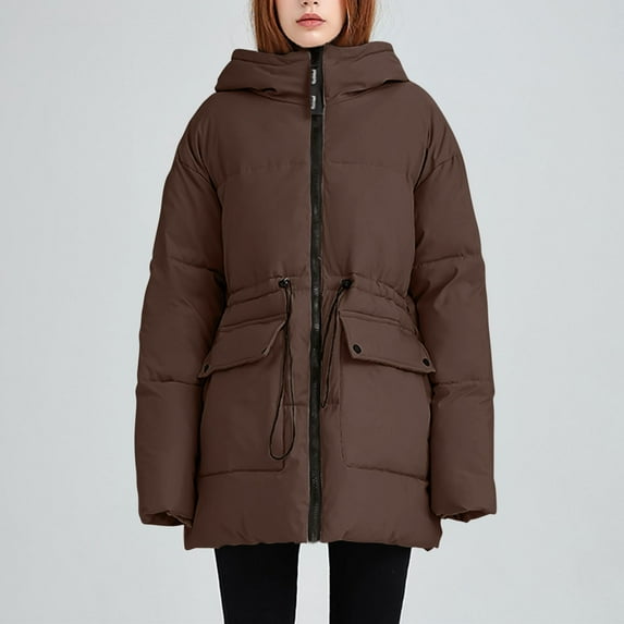 Guieoi Women's Puffer Jacket Long Plus Size Hooded Solid Color Long Sleeve Casual Thickened Winter Fleece Warm Jacket Coats Brown Black*Friday/Cyber*Monday Clearance