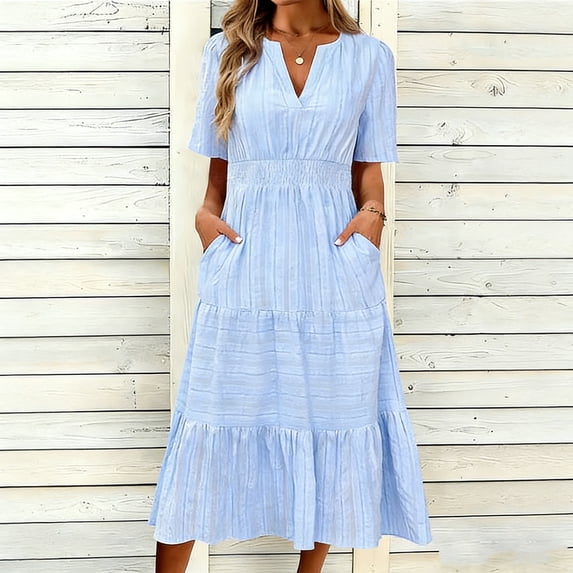 Guieoi Women's Summer Designer Knit Jacquard Casual Dress Short-Sleeve V-Neck Dress Short-Sleeve V-Neck Dress Blue L