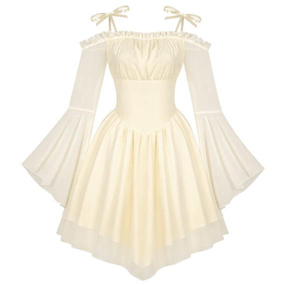 Guieoi Women's Tulle Patchwork Strapless Lace-Up Off-the-Shoulder Court-Style Gothic Medieval Dress Yellow L