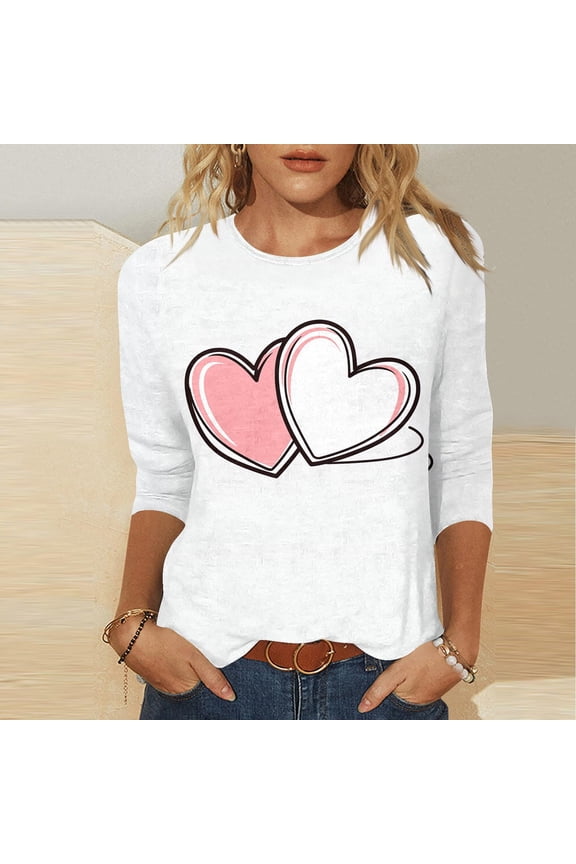 Womens 2025 Valentine's Day Plus Size Top Romantic Cute 3/4 Sleeve Blouse Funny Casual Heart Print T-Shirts Loose Round Neck Valentine Day Gifts Tops White XXL
